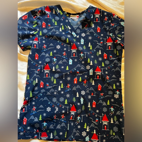 White Cross Christmas Scrub Top - Picture 1 of 2